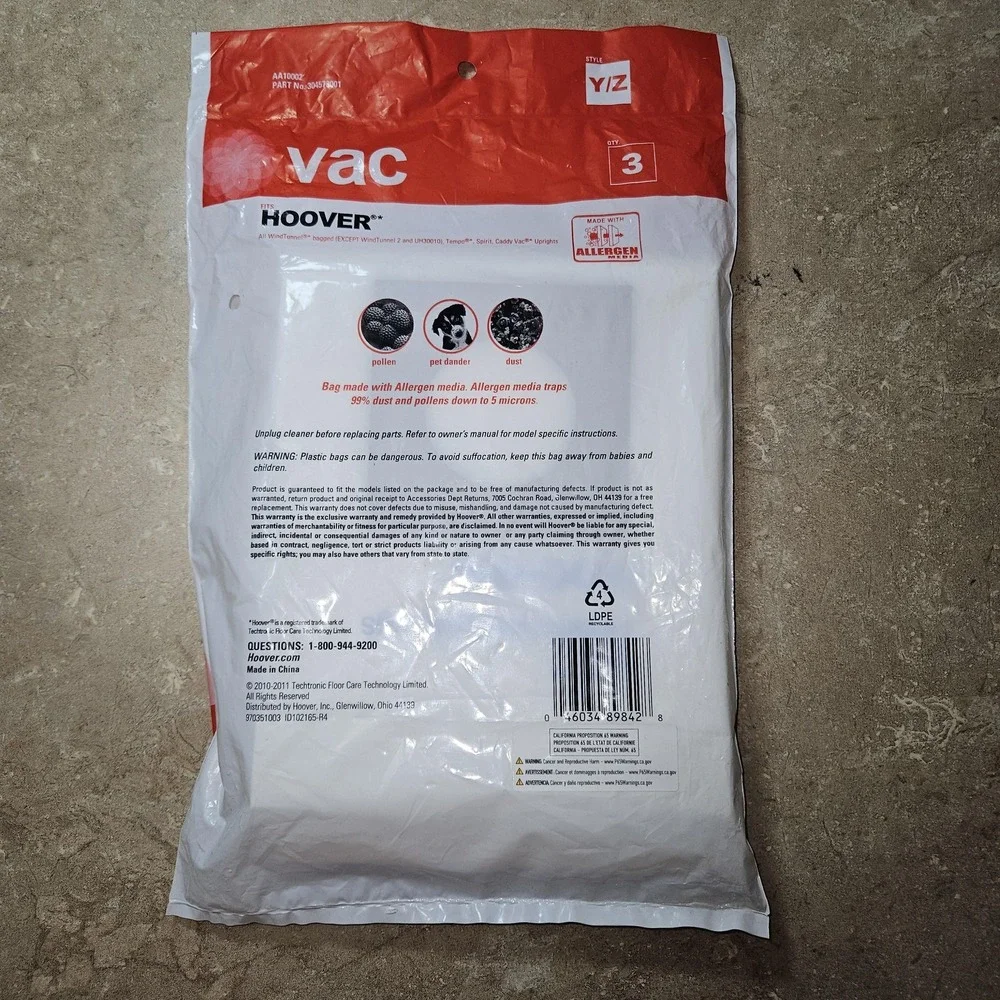 Vac Hoover Y/Z Vacuum Bags Allergen Media WindTunnel Upright Style YZ 3 Pack